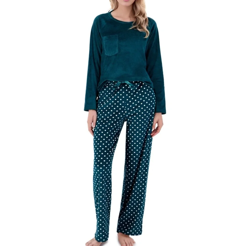 Charter Club Womens 2 PC Set Pajama‎ Set Teal Large Velour Polka Dot Cozy NWT